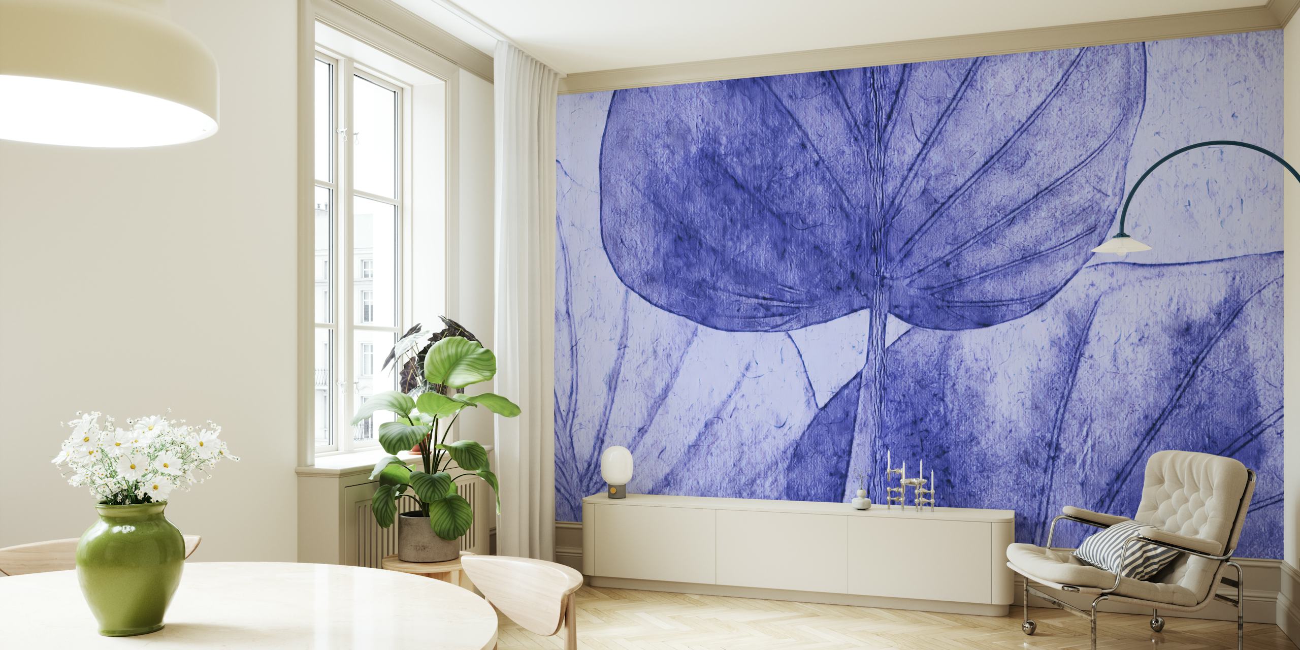 Indigo Blue Japandi Leaf wall mural with hand-drawn style leaves